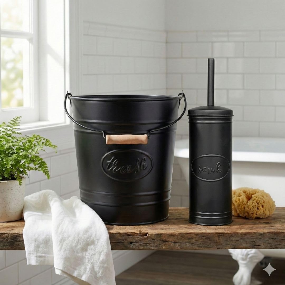 Autumn Alley Farmhouse Bathroom Trash Can and Toilet Brush Set - Rustic Bathroom Accessories for Charming Bathroom Décor, Matte Black Heavy Gauge