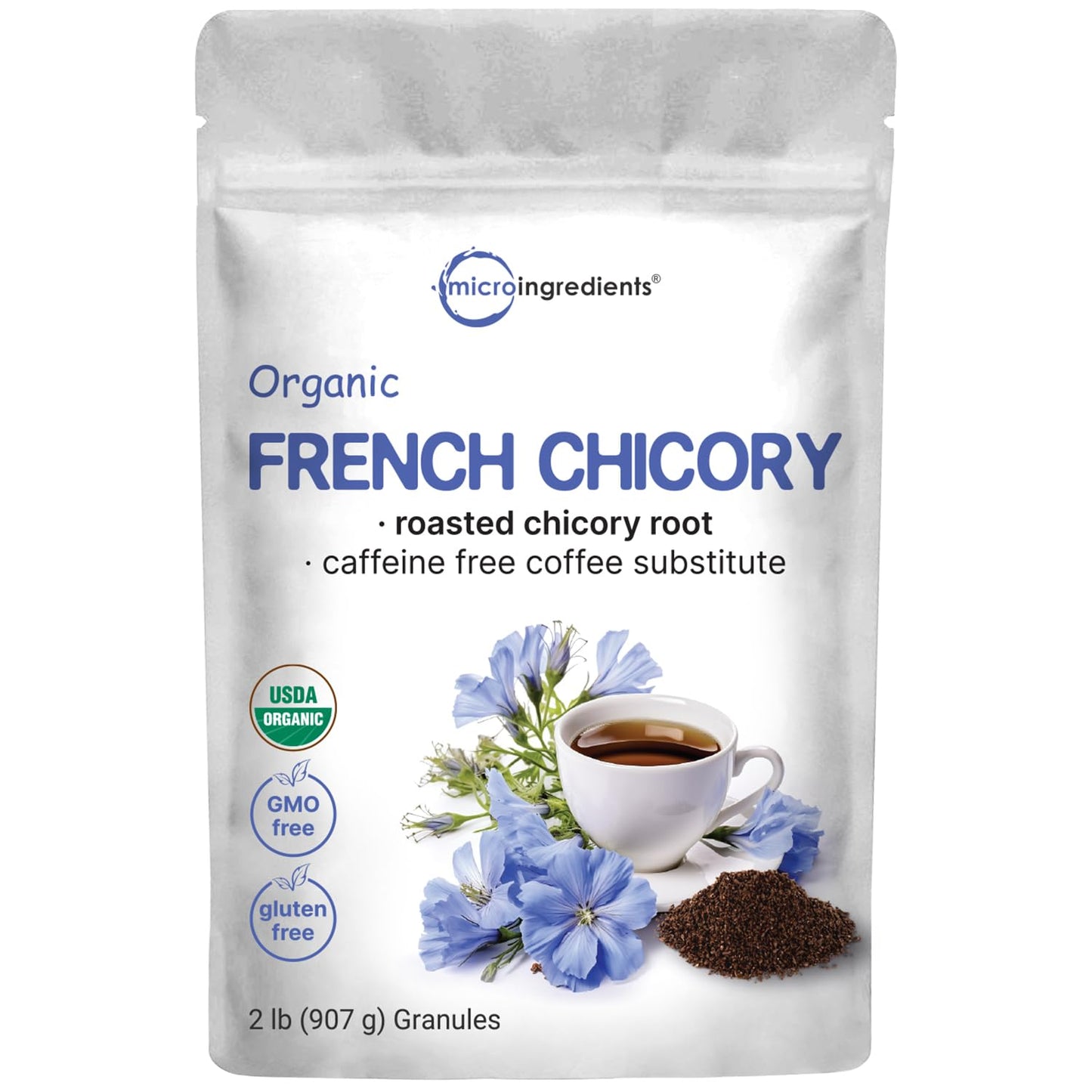 Organic French Chicory Root, 2lbs | Roasted Chicory Granule | Brews like Regular Coffee | Caffeine Free Coffee Substitute | Rich in Prebiotic Fiber |