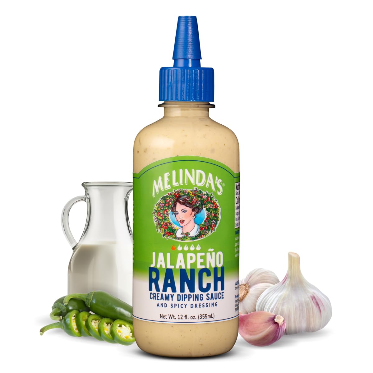 Melinda’s Jalapeño Ranch - 12 oz, 1 Pack - Spicy Ranch Sauce, Hot Creamy Sauce With Jalapeño Peppers - Perfect for Wings, Pizza, Fries, Sandwich