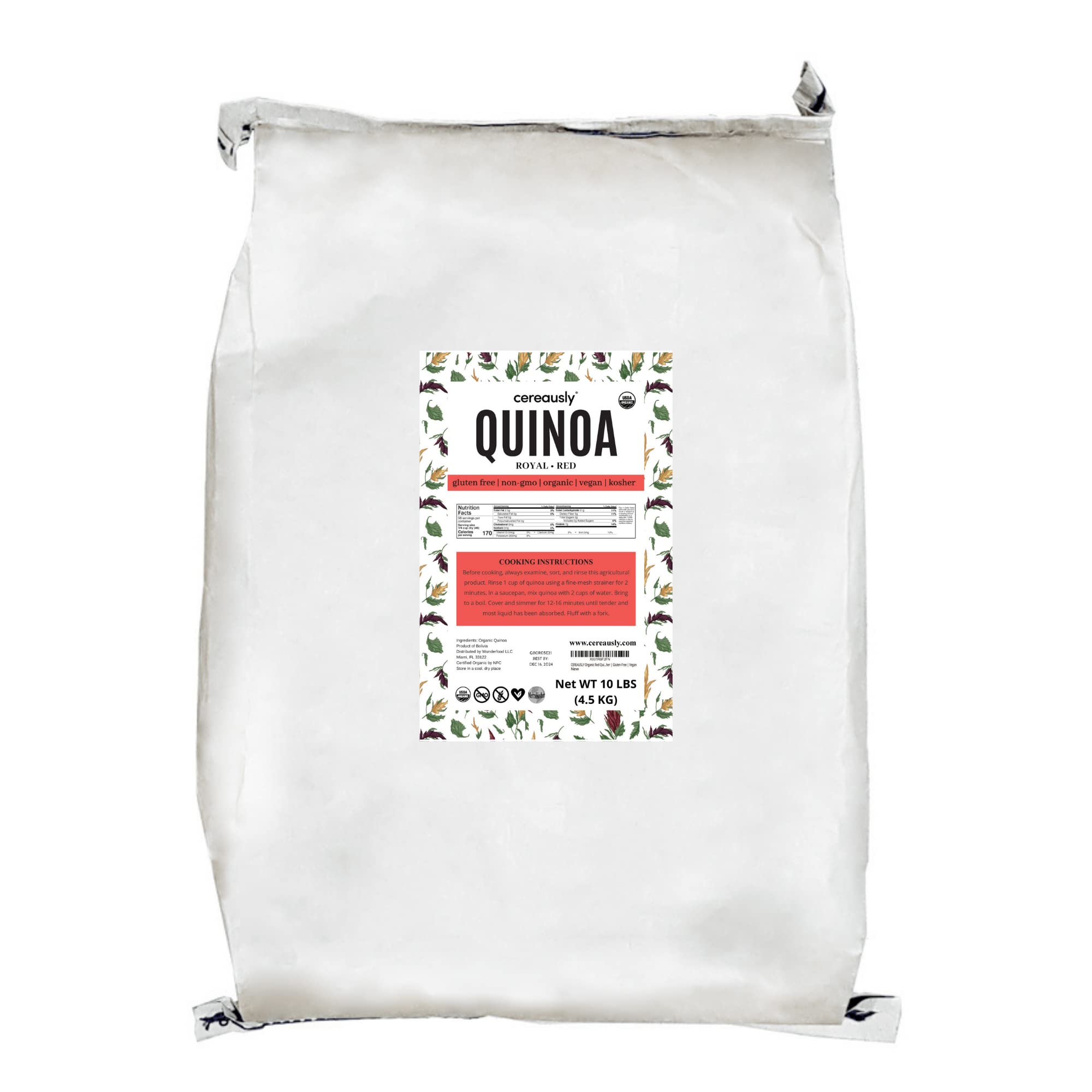CEREAUSLY Organic Red Quinoa - Premium Royal Quinoa from Bolivia - Kosher and Non-GMO Quinoa Bulk - Vegan and Gluten-Fee Cooking Quinoa - 10 LB