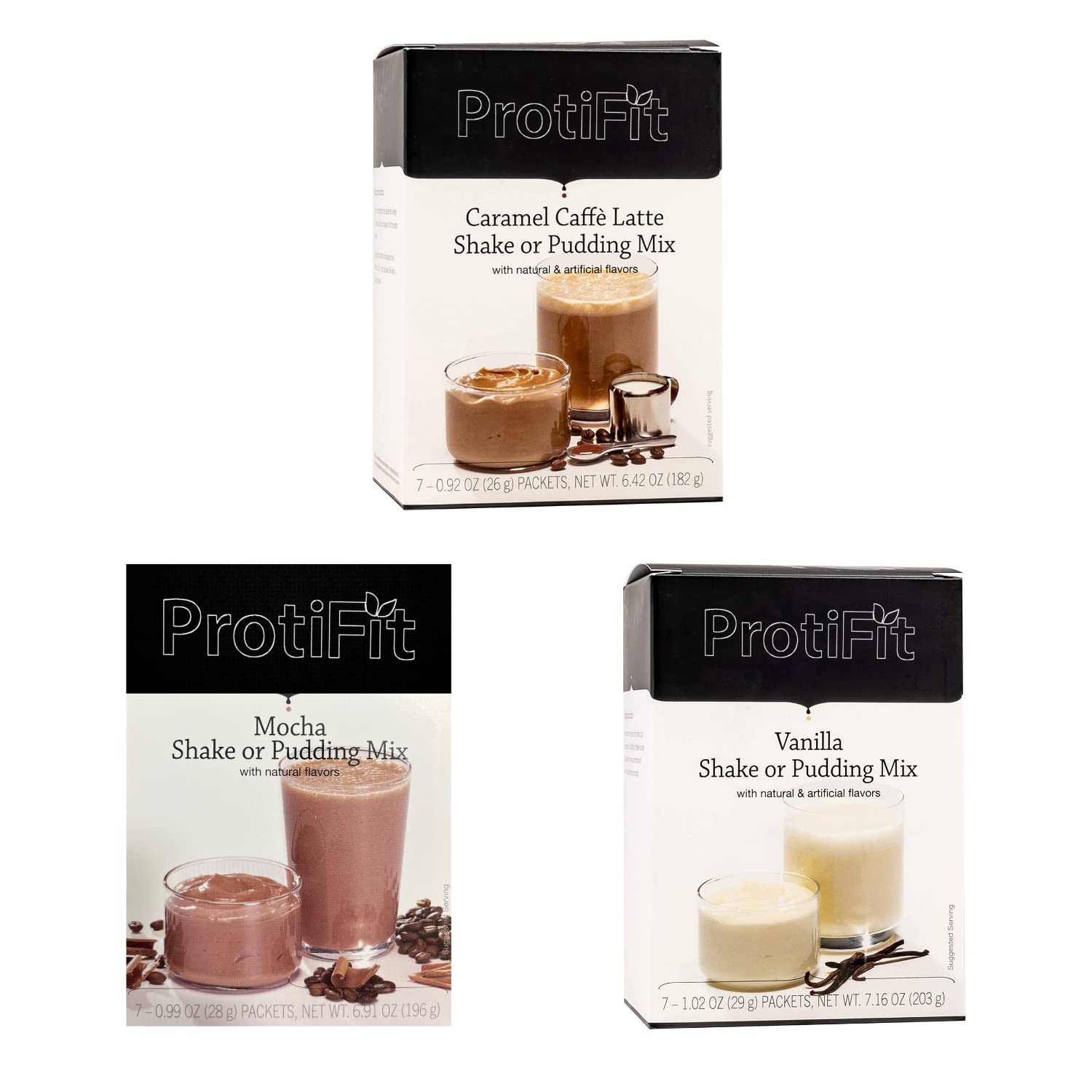 PROTIFIT - High Protein Pudding & Shake Mix 3 Pack, Coffee Bundle: Caramel Caffe Latte, Mocha, VanillaMeal Replacement, 7 Servings Per Box, (3 Pack)