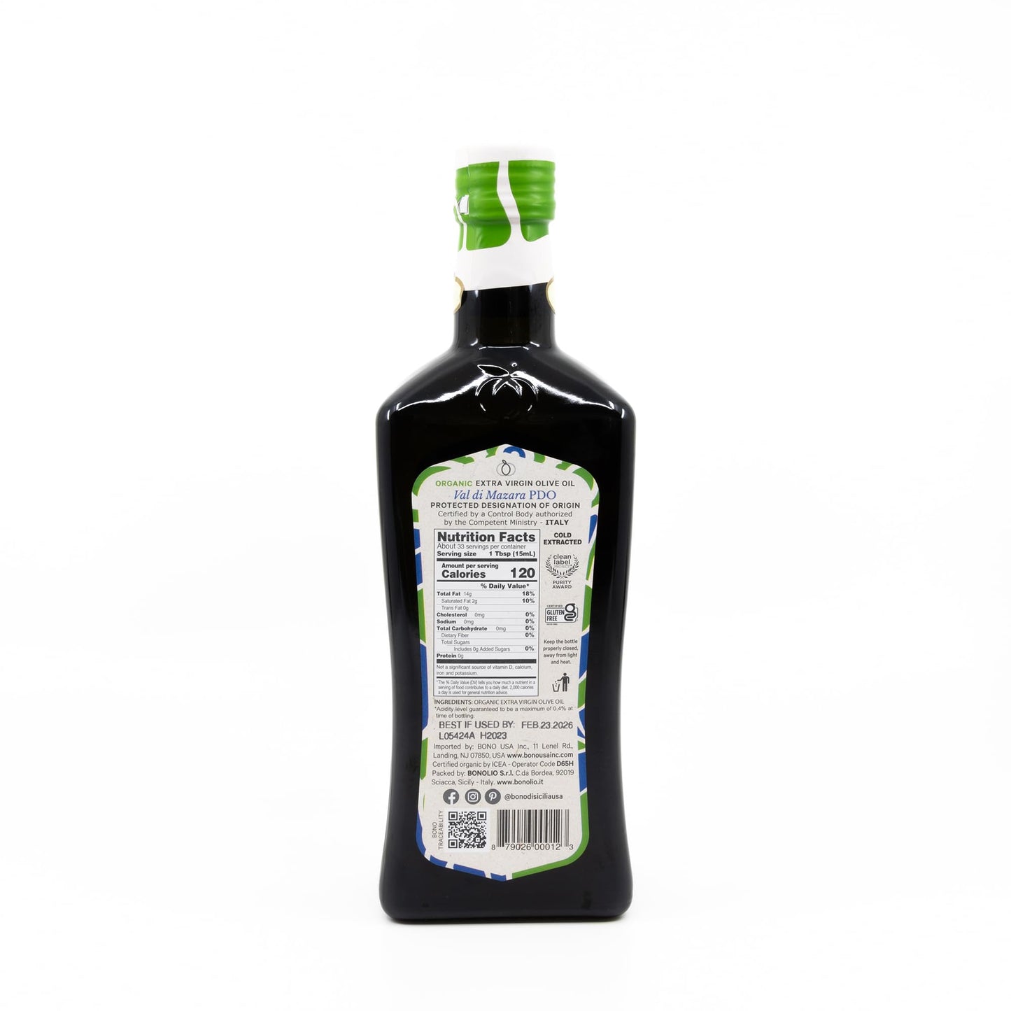 BONO Organic Sicilian Extra Virgin Olive Oil, 16.9 fl oz (500 ml) - Val di Mazara PDO, Cold Extracted, Acidity 0.2-0.4%, USDA Organic, Non-GMO, Clean