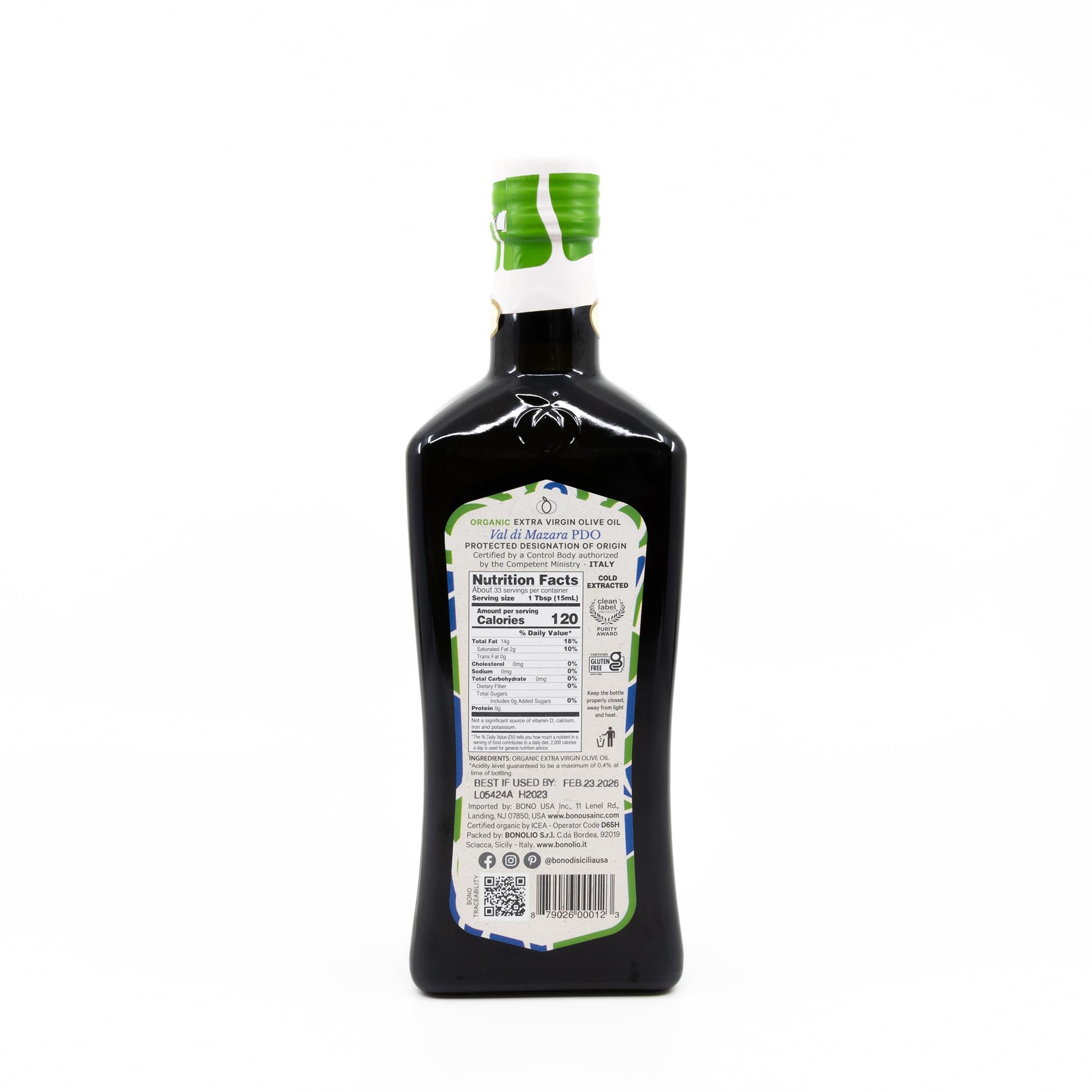 BONO Organic Sicilian Extra Virgin Olive Oil, 16.9 fl oz (500 ml) - Val di Mazara PDO, Cold Extracted, Acidity 0.2-0.4%, USDA Organic, Non-GMO, Clean