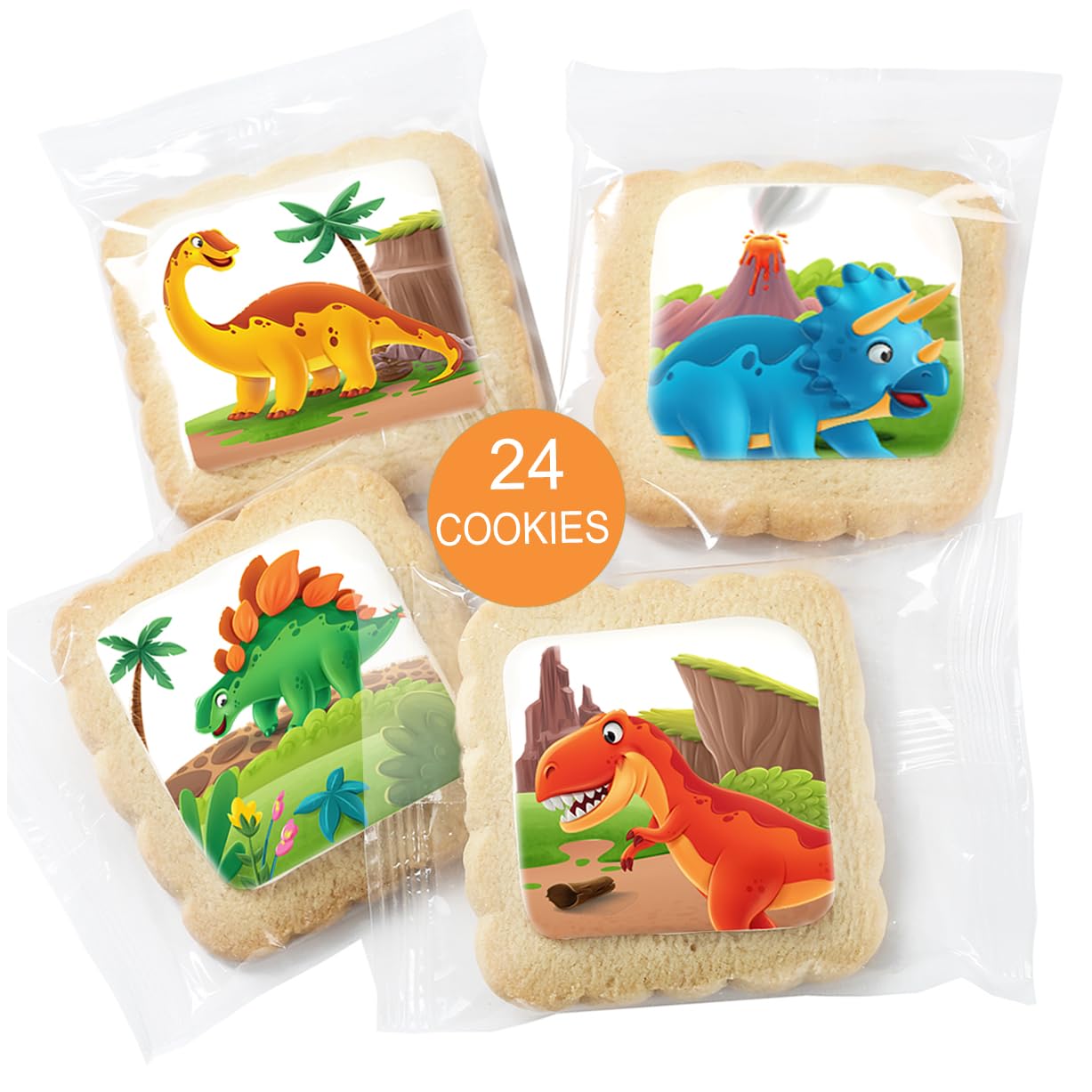 Dinosaur Cookies Individually Wrapped Dino Jurrasic themed Theme Party Favors 24 Pack Bulk for Kids Birthday Party Sugar Cookie T-Rex