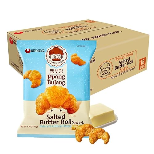Nongshim Ppang Bujang Salted Butter Roll Snack - Savory and Salty Baked Good with Salted Butter, Croissant Shaped, Soft and Crunchy Korean Snack, 1.94
