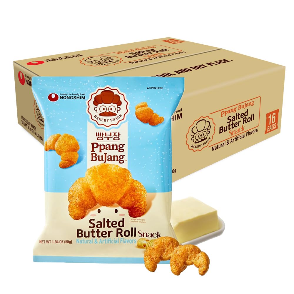 Nongshim Ppang Bujang Salted Butter Roll Snack - Savory and Salty Baked Good with Salted Butter, Croissant Shaped, Soft and Crunchy Korean Snack, 1.94