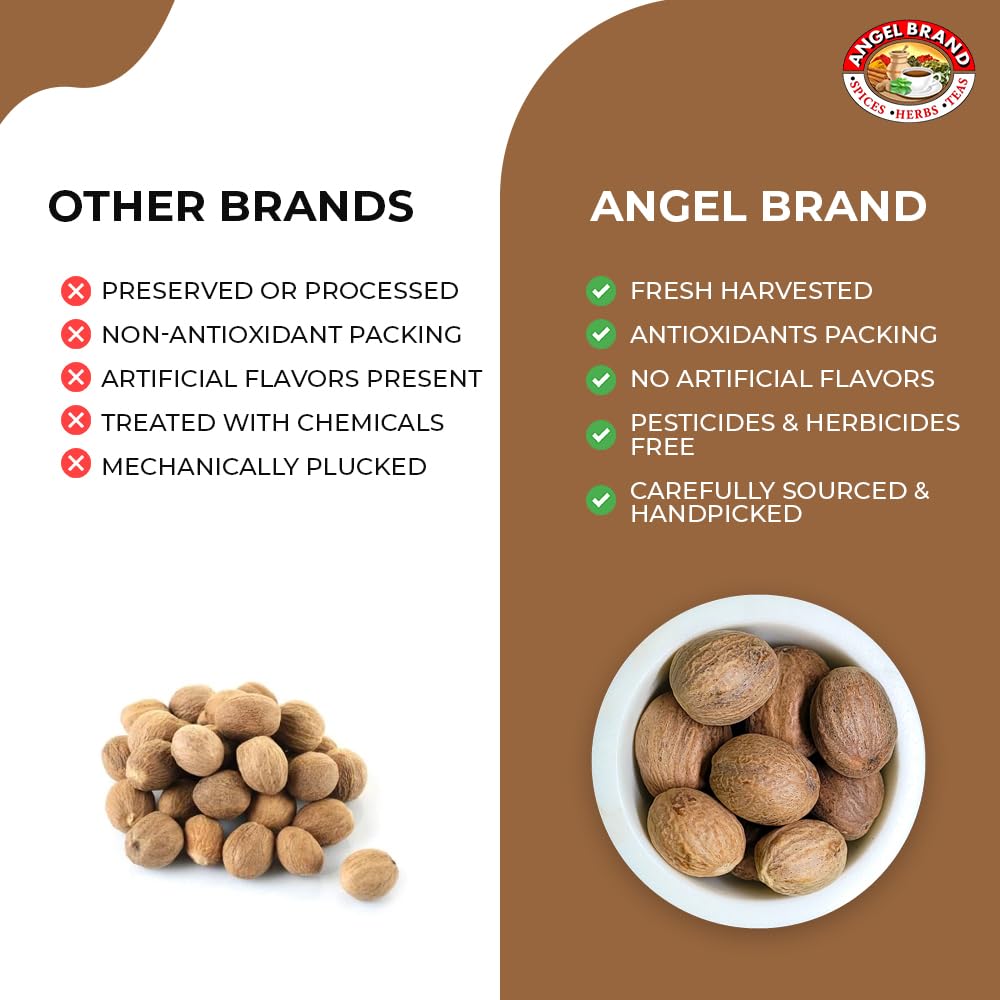 Angel Brand Whole Nutmeg 4 oz Pouch - Premium Nutmeg Spice for Baking, Cooking, Desserts, and Spice Blends.