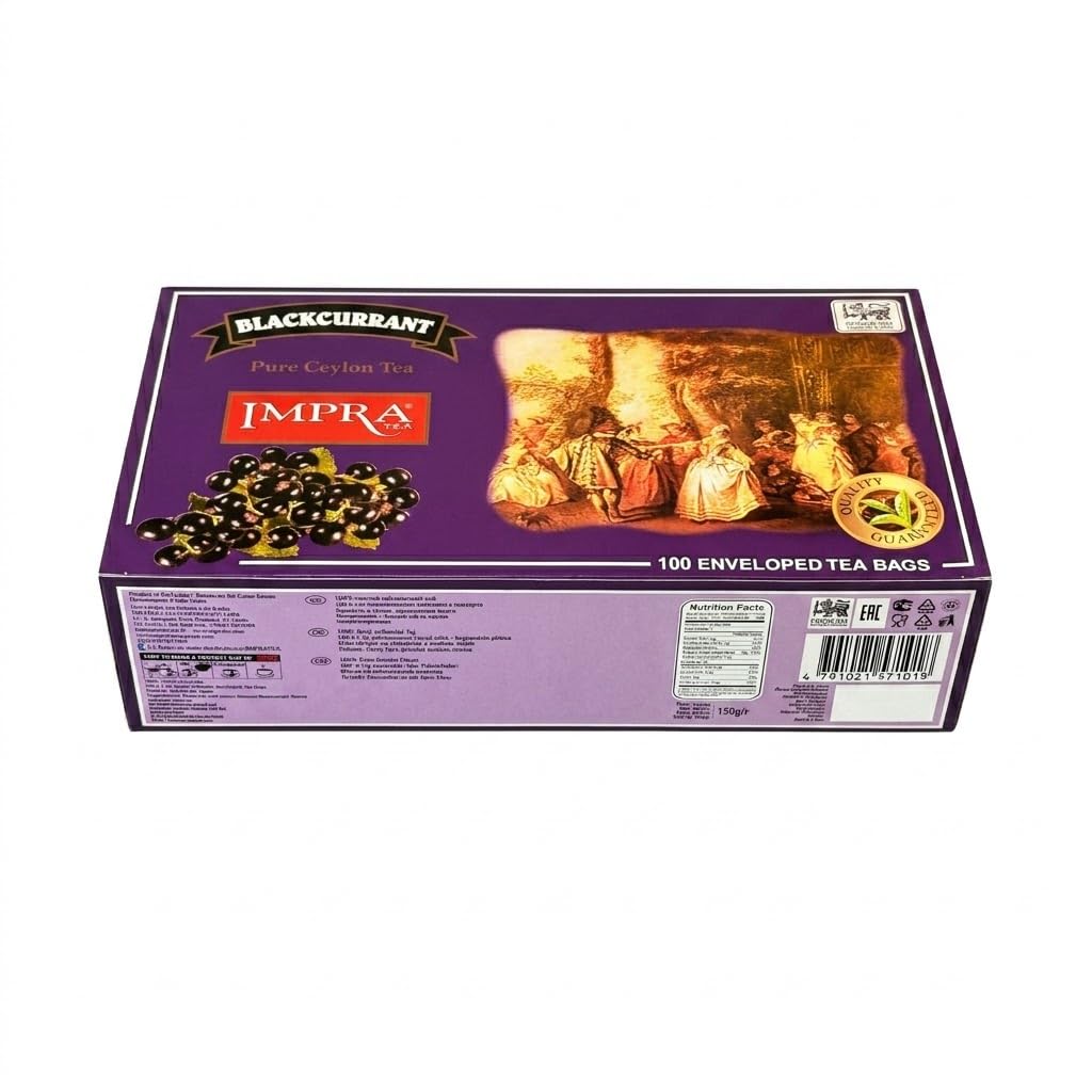Impra Blackcurrant Flavored Ceylon Black Tea - 100 Individually Wrapped Foil Enveloped Tea Bags - Authentic Ceylon Origin - Fruity Aroma (Pack of 2)