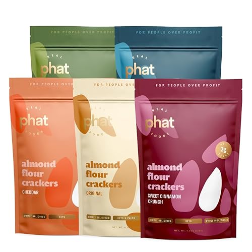 Real Phat Foods Almond Flour Crackers - Low Carb, Gluten-Free, Keto & Paleo Friendly Snack - 4.5 oz (Variety Pack of 5)