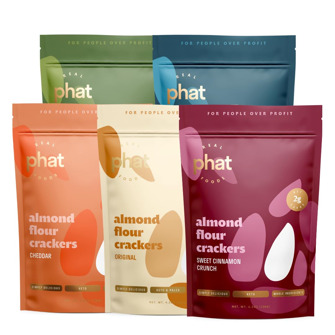 Real Phat Foods Almond Flour Crackers - Low Carb, Gluten-Free, Keto & Paleo Friendly Snack - 4.5 oz (Variety Pack of 5)