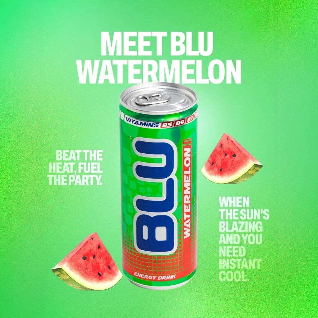 BLU Watermelon Energy Drink, 12 Pack Slim Cans, 8.4 fl oz (250 mL) Each