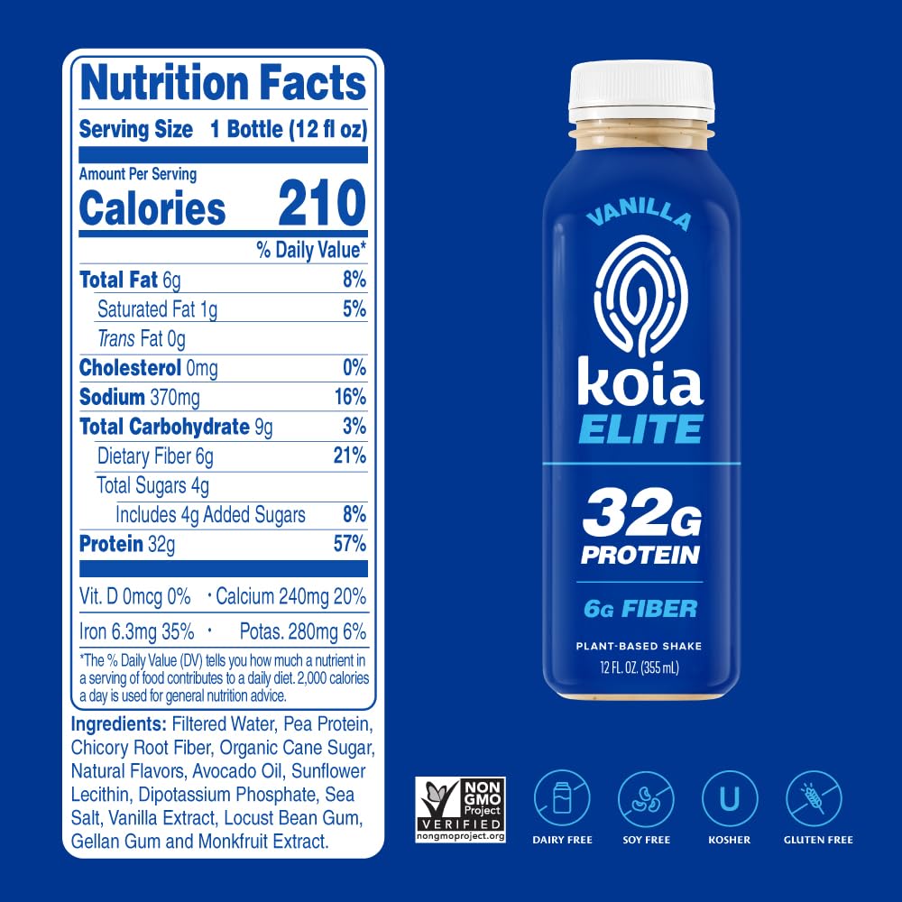Koia Elite - Vanilla - 32g Protein - Ready To Drink Plant Protein Shake - Low Sugar, Dairy Free, Gluten Free, Soy Free, Non GMO, Kosher, Vegan (12 Fl