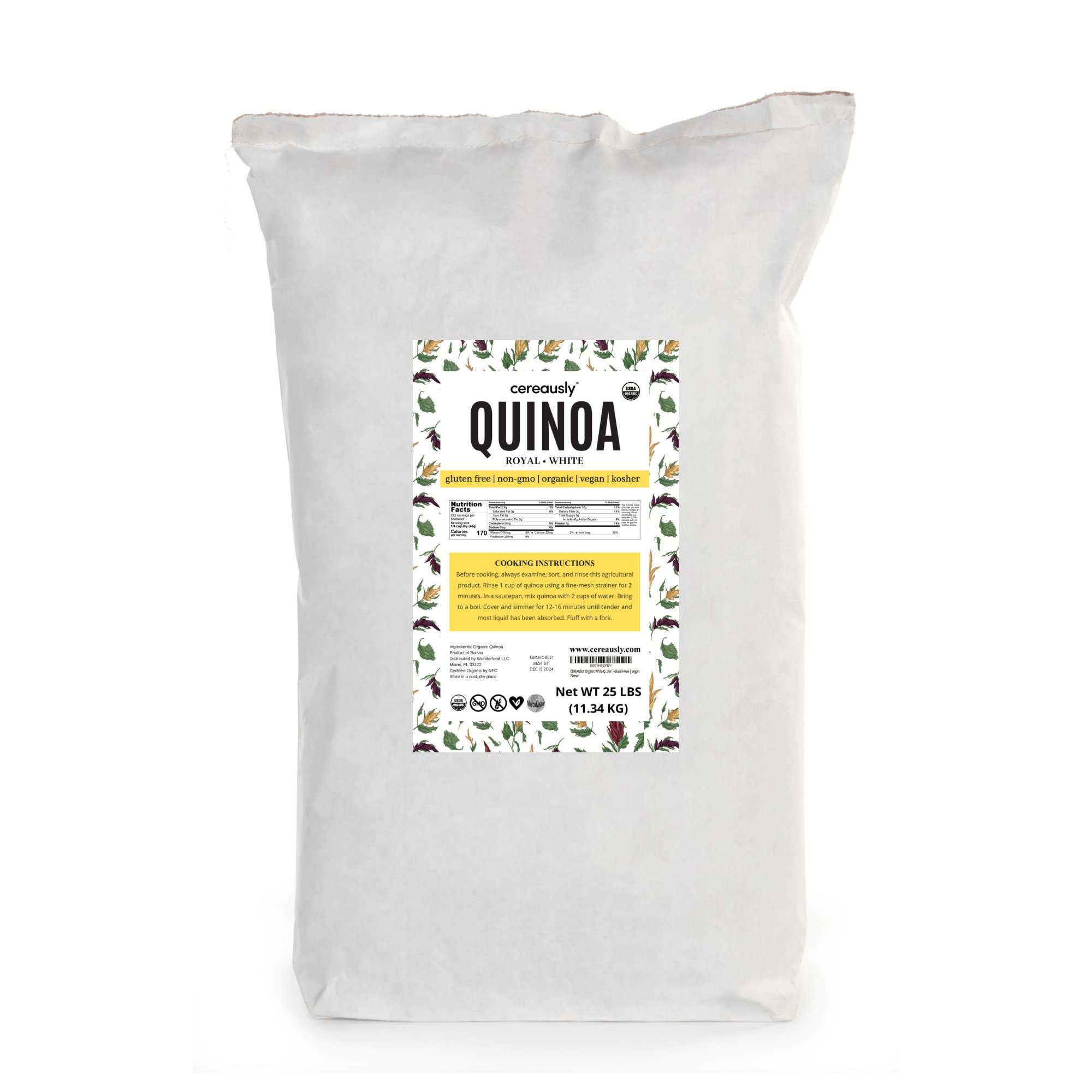 CEREAUSLY Organic White Quinoa - Premium Royal Quinoa from Bolivia - Kosher and Non-GMO Quinoa Bulk - Vegan and Gluten-Fee Cooking Quinoa - 25 LB