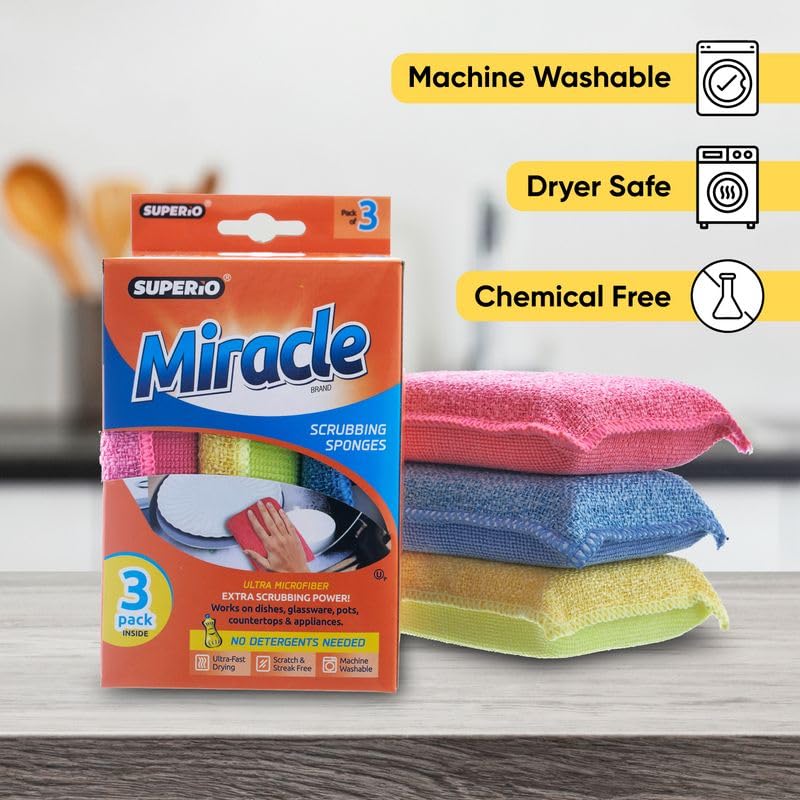 Miracle Microfiber scrubbing Sponges Non-Scratch Sponge Scrubber Heavy Duty Multi-Purpose Cleaning of Dishes, Kitchen, Baths, and Countertops, Machine