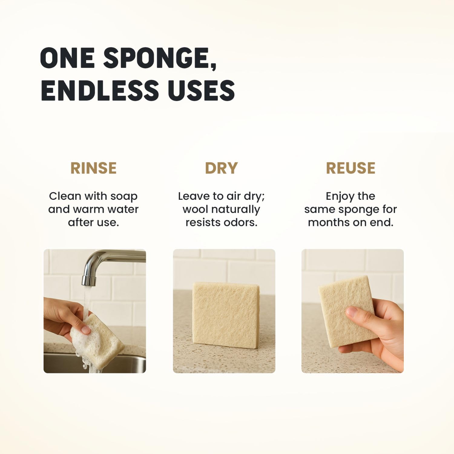 Scalise Family Sheep Farm Wool Dish Sponge 5"x5" - Natural Sponge Dish Non Scratch | Organic Kitchen Sponges for Sink Cleaning | Long Lasting Wool