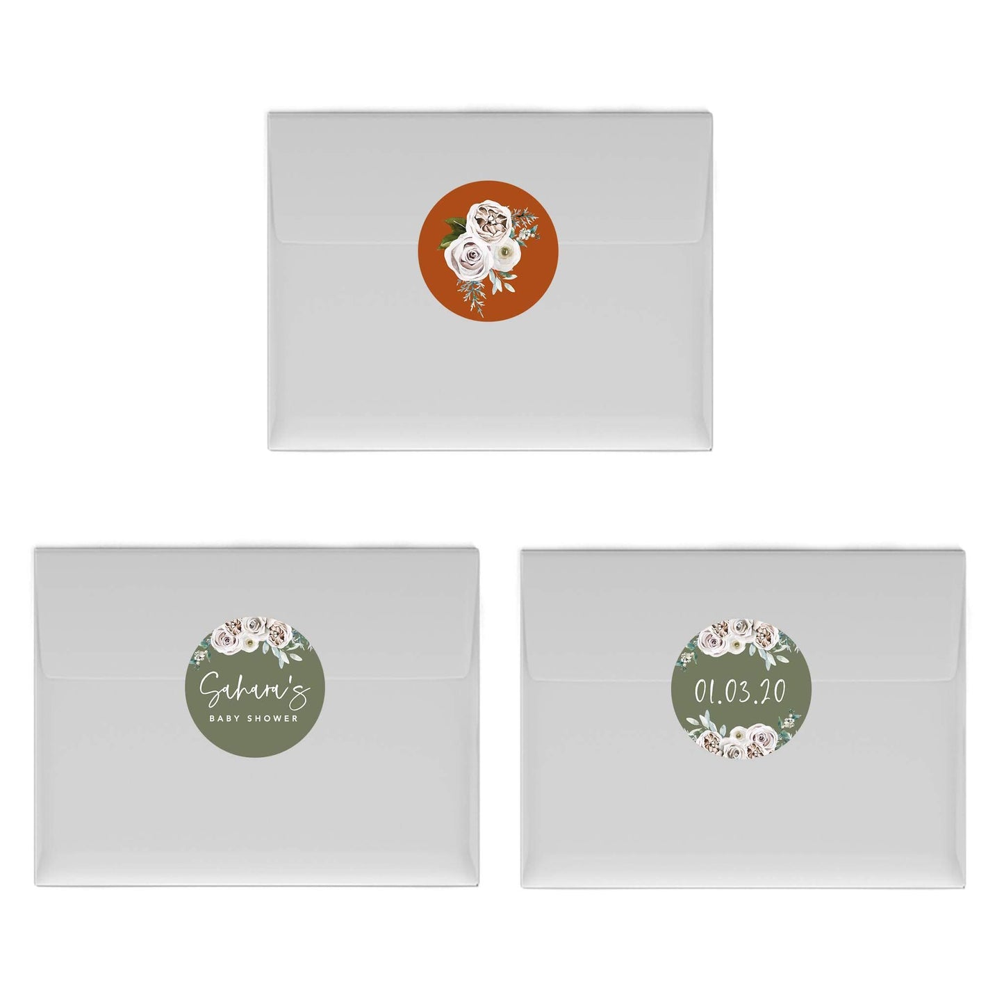 Andaz Press Sage Green with Cream Floral Blossoms Fall Baby Shower Party Collection, Personalized Chocolate Drop Label Stickers Trio, Custom Name