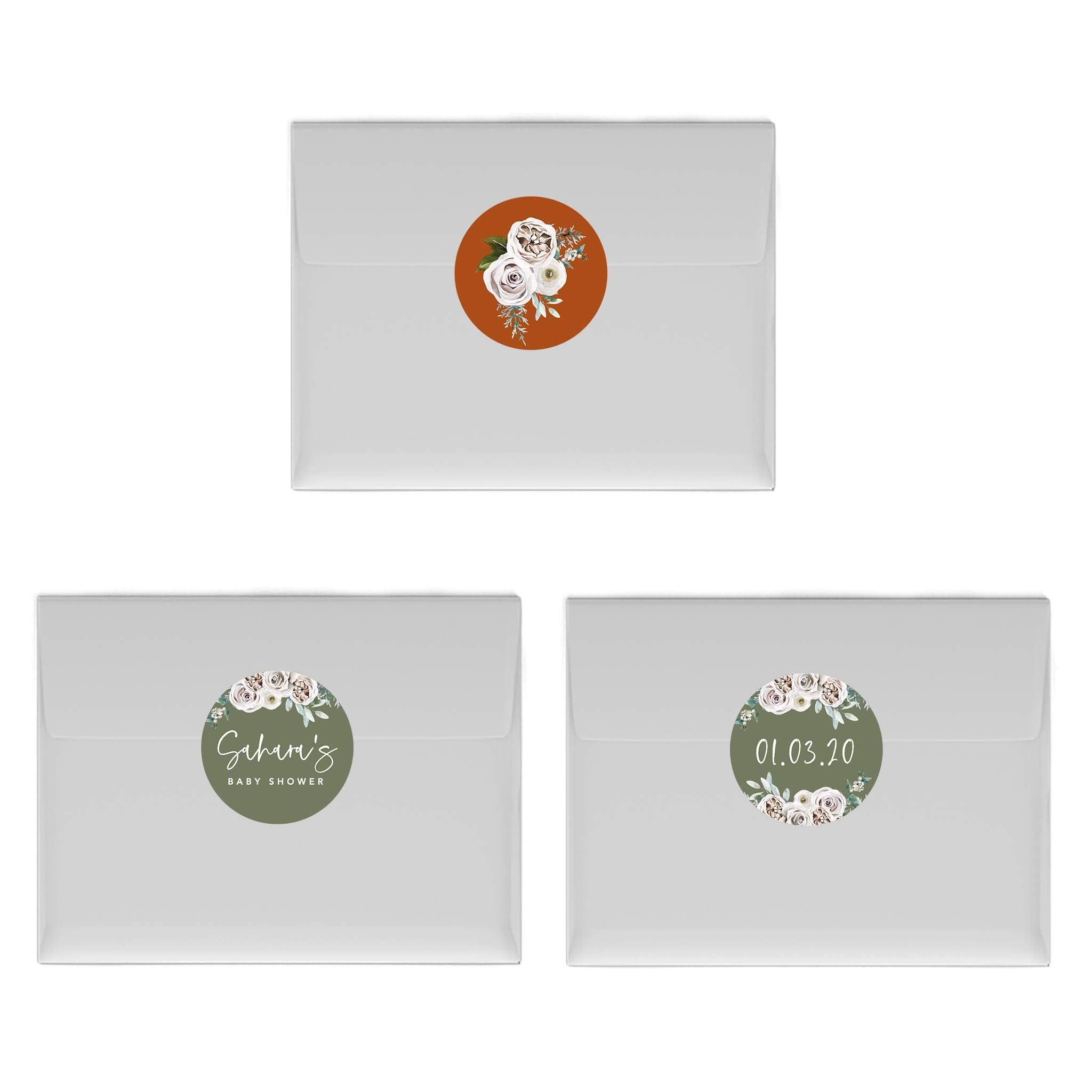 Andaz Press Sage Green with Cream Floral Blossoms Fall Baby Shower Party Collection, Personalized Chocolate Drop Label Stickers Trio, Custom Name