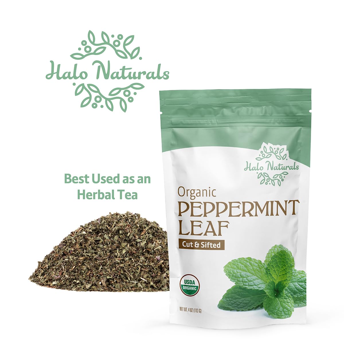 Halo Naturals Organic Peppermint Leaf Cut & Sifted, 4 Ounces (Mentha piperita) USDA Certified | Resealable Pouch| Packaged in The USA (Pack of 1)