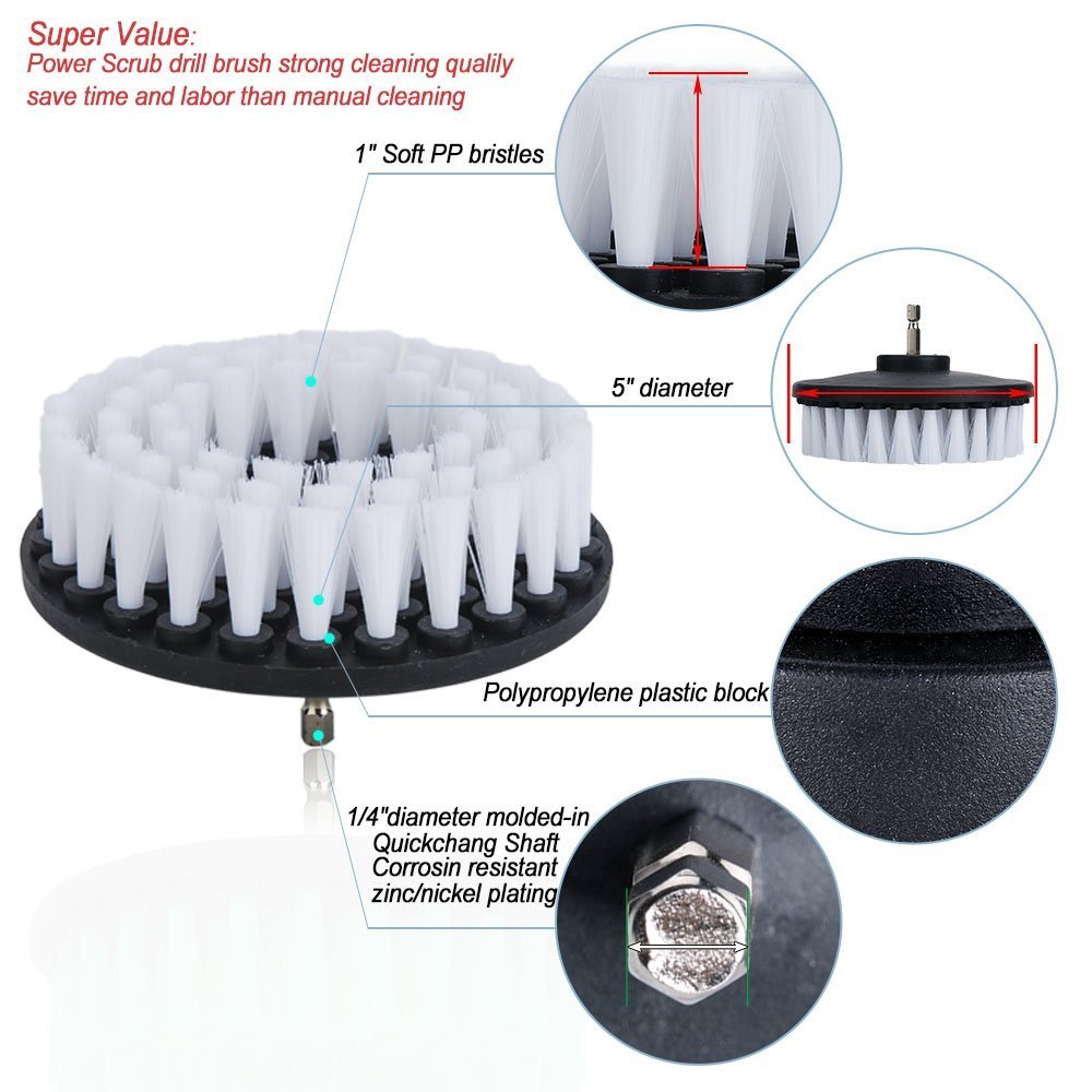 DUOSHIDA Drill Brush Soft Medium Stiff Bristle Powered Scrub Attachments Cleaning Kit for Bathroom Shower Grout Carpet Tires Boats Ceramic Marble
