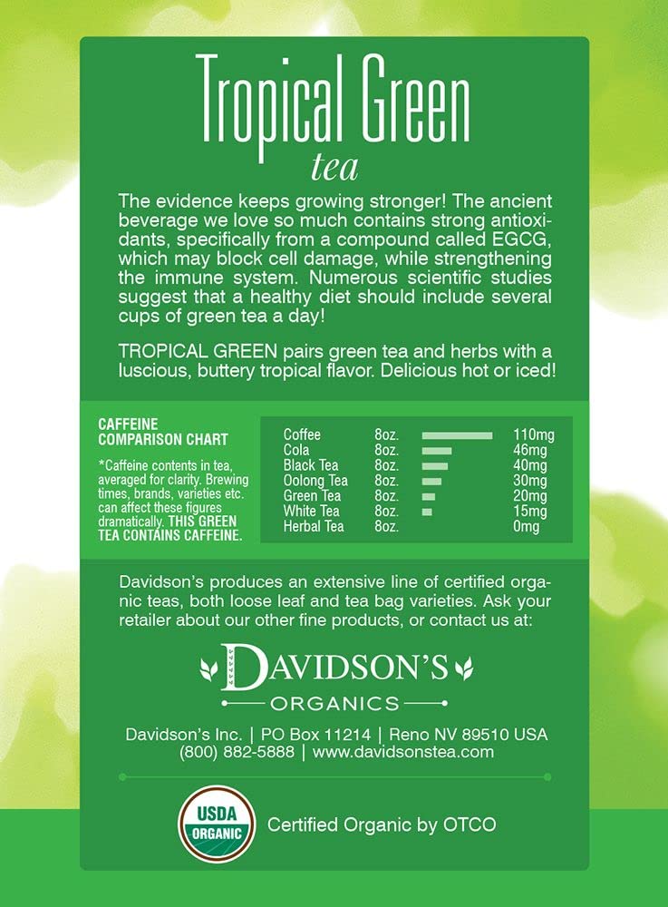 Davidson's Organics, Tropical Green Tea, 8-count Tea Bags, Pack of 12