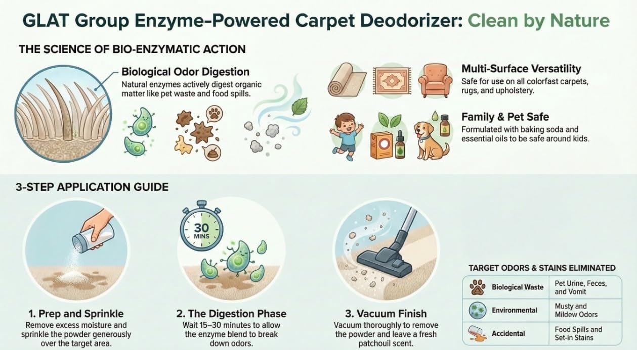 GLAT Group Enzyme-Powered Carpet Deodorizer (Powder) - Patchouli | Natural Pet Odor Eliminator | Bio-Enzymatic Formula, Premium Performance, Eco