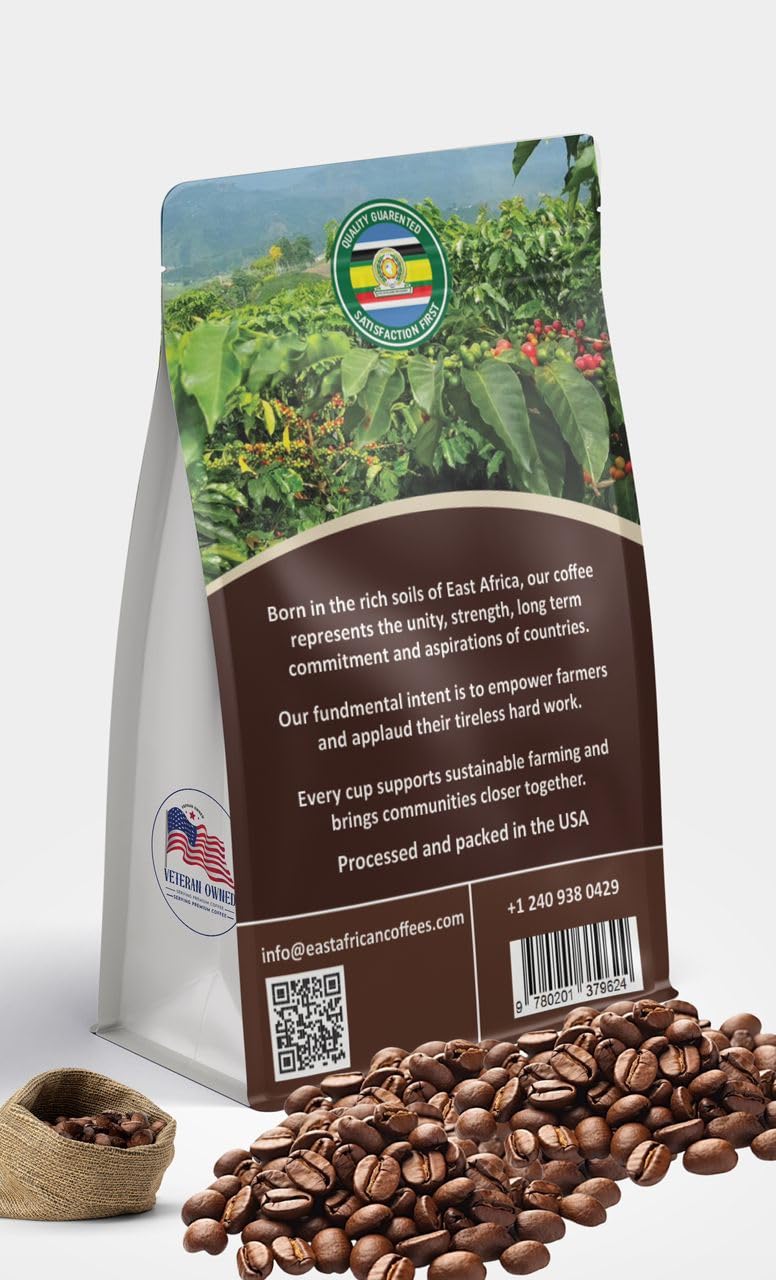 East African Coffees Uganda Espresso Blend - 70% Arabica 30% Robusta Medium Roast Ground Coffee, Bold Crema, Full Body, Single Origin Uganda, 8 oz