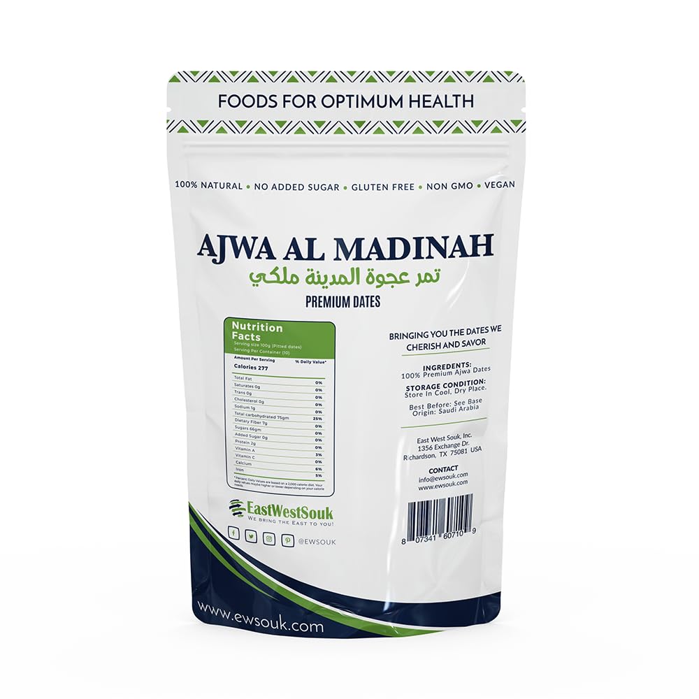 Ajwa Al Madina Dates - Premium Quality - 2.2lb (1000g) - Imported from Madinah Munawwara, Saudi Arabia - Perfect for Ramadan Gift - Fiber-Rich Snack