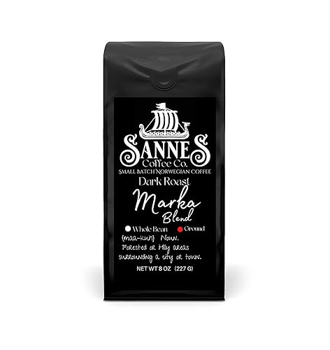 Sannes Coffee Co. Norwegian Coffee-Marka Blend Dark Roast Coffee-Smooth Never Bitter-Resealable Bag (Ground, 8 oz)