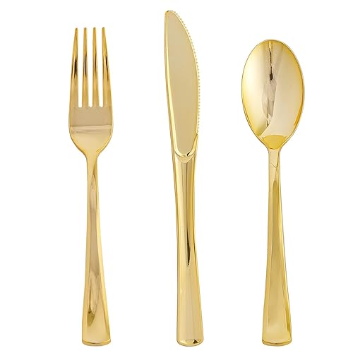 FOCUSLINE 75 Pack Gold Plastic Silverware Disposable Cutlery Set - 25 Forks Knives Spoons - Disposable Flatware Heavy Duty Plastic Utensils Set