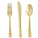 FOCUSLINE 75 Pack Gold Plastic Silverware Disposable Cutlery Set - 25 Forks Knives Spoons - Disposable Flatware Heavy Duty Plastic Utensils Set