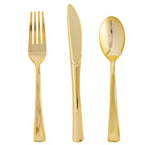 FOCUSLINE 75 Pack Gold Plastic Silverware Disposable Cutlery Set - 25 Forks Knives Spoons - Disposable Flatware Heavy Duty Plastic Utensils Set