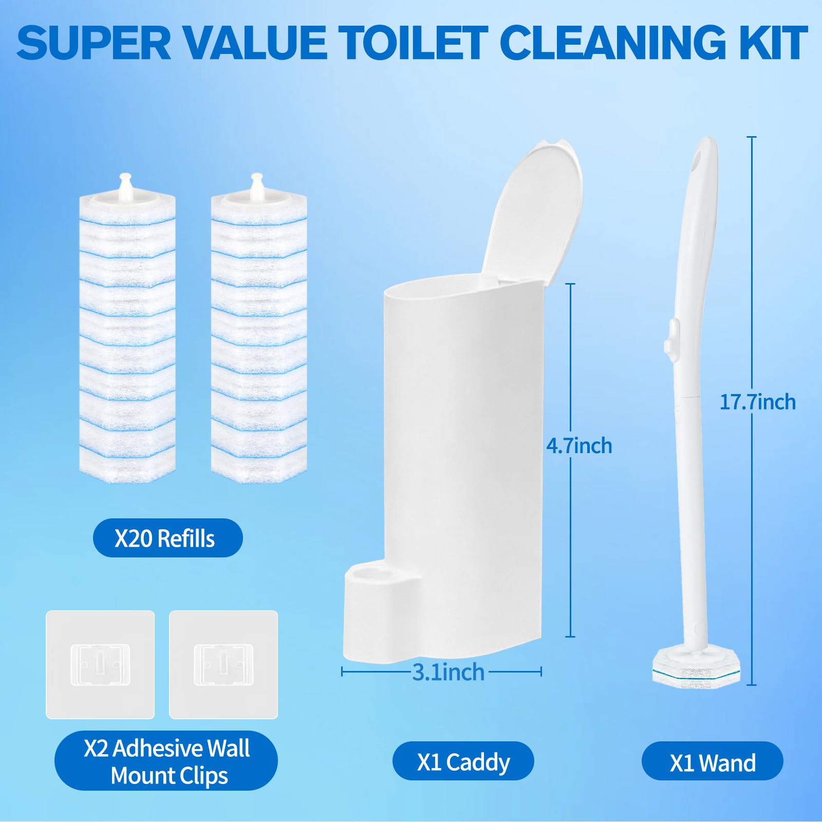 XFKJOR Toilet Brush and Holder Set - Disposable Toilet Wand Refills with Toilet Bowl Cleaners, Toilet Wand Kit Includes 20 Refill Heads, Wand
