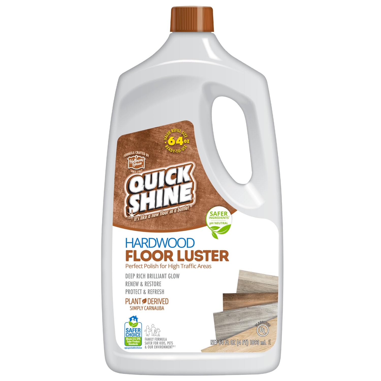 Quick Shine Hardwood Floor Luster-Polish 64oz | Plant-Derived w/Carnauba | Safer Choice, No PFAS, pH Neutral | Ready to Use Formula w/Anti-Slip