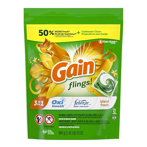 Gain Flings Laundry Detergent Pacs, 31 Count, Island Fresh Scent, 3 in 1 HE Detergent Pacs with Oxi Boost and Febreeze
