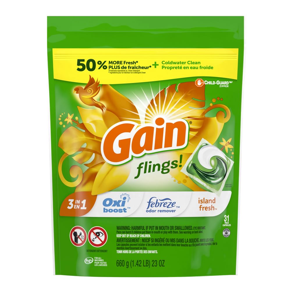 Gain Flings Laundry Detergent Pacs, 31 Count, Island Fresh Scent, 3 in 1 HE Detergent Pacs with Oxi Boost and Febreeze