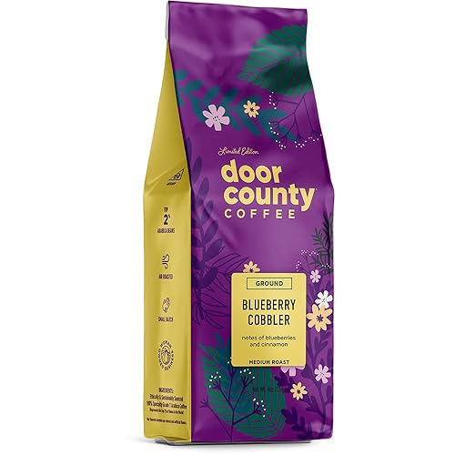 Door County Coffee Blueberry Cobbler, Flavored Ground - 8 oz Bag - Spring & Summer Seasonal - Medium Roast - 100% Specialty Arabica - Blueberry