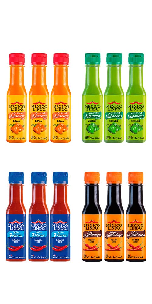 Mexico Lindo Hot Sauce Variety Pack | Includes 3 Bottles Each of Red Habanero + Green Habanero + 7 Mares + Picante Negra | 5 Fl Oz Bottles (Pack