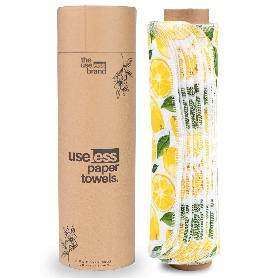 The Useless Brand Reusable Paper Towels Roll | 12 Eco Friendly Washable Cotton Flannel Towels w/Cardboard Roll | Zero Waste & Sustainable | Fits on