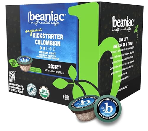beaniac Organic Kickstarter Colombian, Medium Light Roast, Single Serve Compostable K Cup Coffee Pods, Organic Arabica Coffee, Keurig Brewer