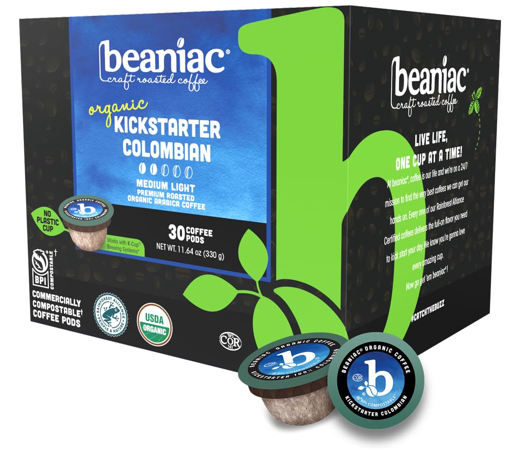 beaniac Organic Kickstarter Colombian, Medium Light Roast, Single Serve Compostable K Cup Coffee Pods, Organic Arabica Coffee, Keurig Brewer