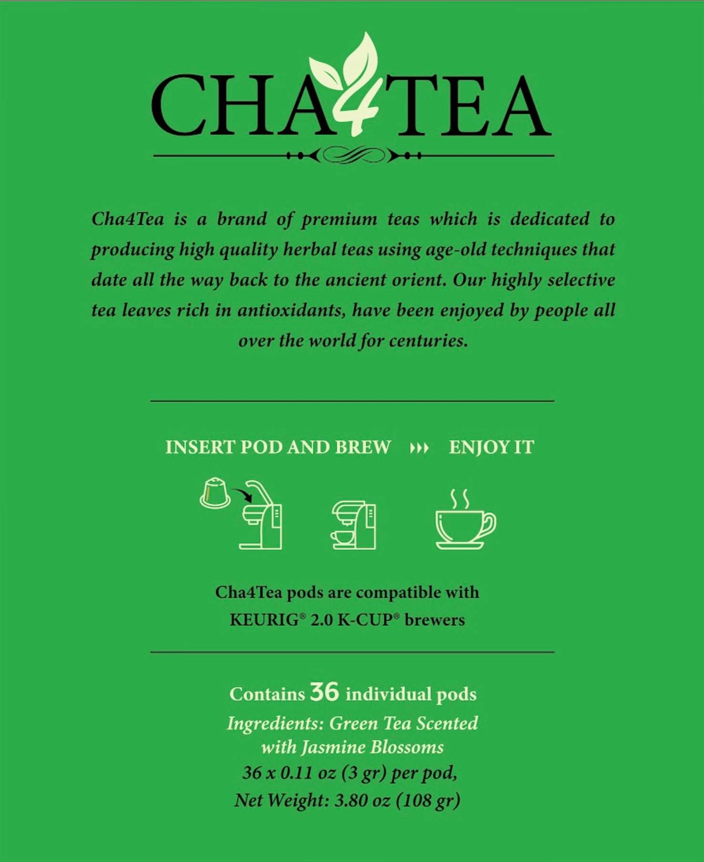 Cha4TEA 36-Count Jasmine Green Tea Pods Compatible with Keurig K-Cups Brewers