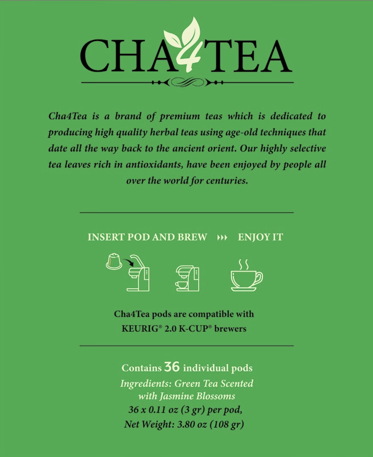 Cha4TEA 36-Count Jasmine Green Tea Pods Compatible with Keurig K-Cups Brewers