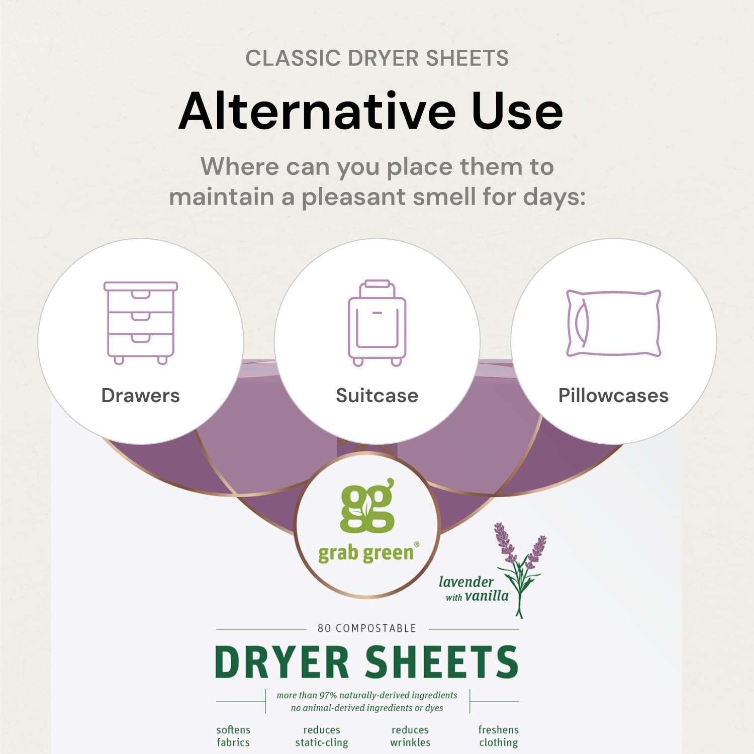 Grab Green Dryer Sheets, 160 Sheets, Vetiver Scent, Plant and Mineral Based, Compostable, Softens Fabrics, Reduces Static Cling and Wrinkles