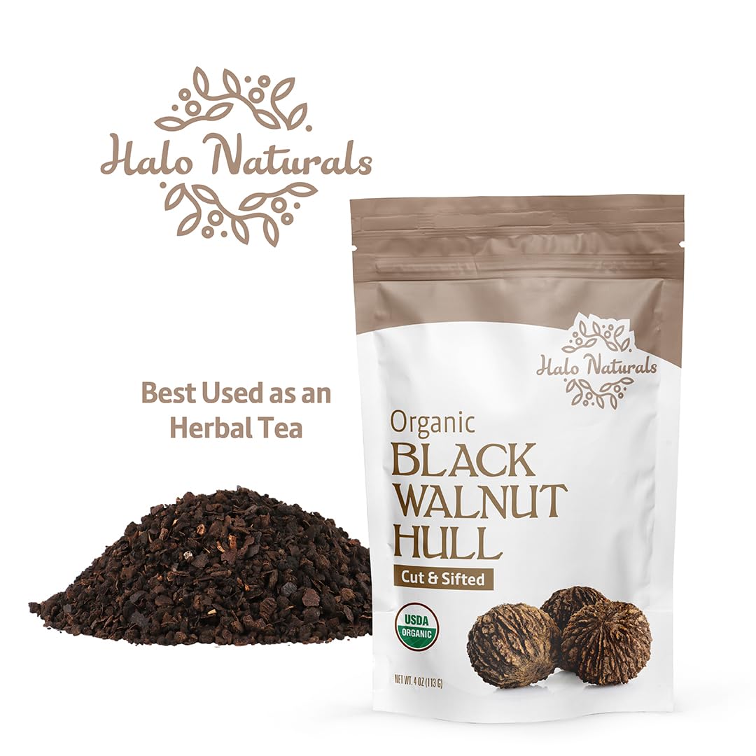 Halo Naturals Organic Black Walnut Hull Cut & Sifted, 4 Ounces (Juglans nigra) USDA Certified | Resealable Pouch| Packaged in The USA