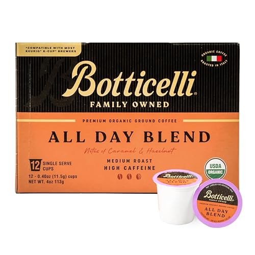 Botticelli USDA Organic All Day Blend Medium Roast Single Serve Coffee Pods, High Caffeine, Compatible with Most K-Cup Brewers, 12 Count, Notes