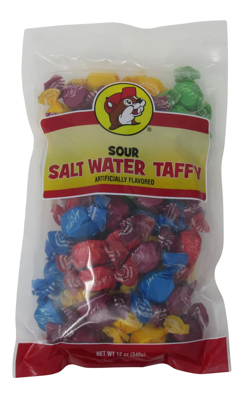 Buc-ees Assorted Gourmet Sour Salt Water Taffy in a Resealable Bag, One 12 Ounce Bag