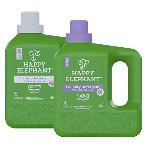 Happy Elephant Liquid Laundry Bundle, White Tea & Fig Scent, Natural Laundry Detergent & Fabric Softener, Plant Based, Stain Remover & Fabric