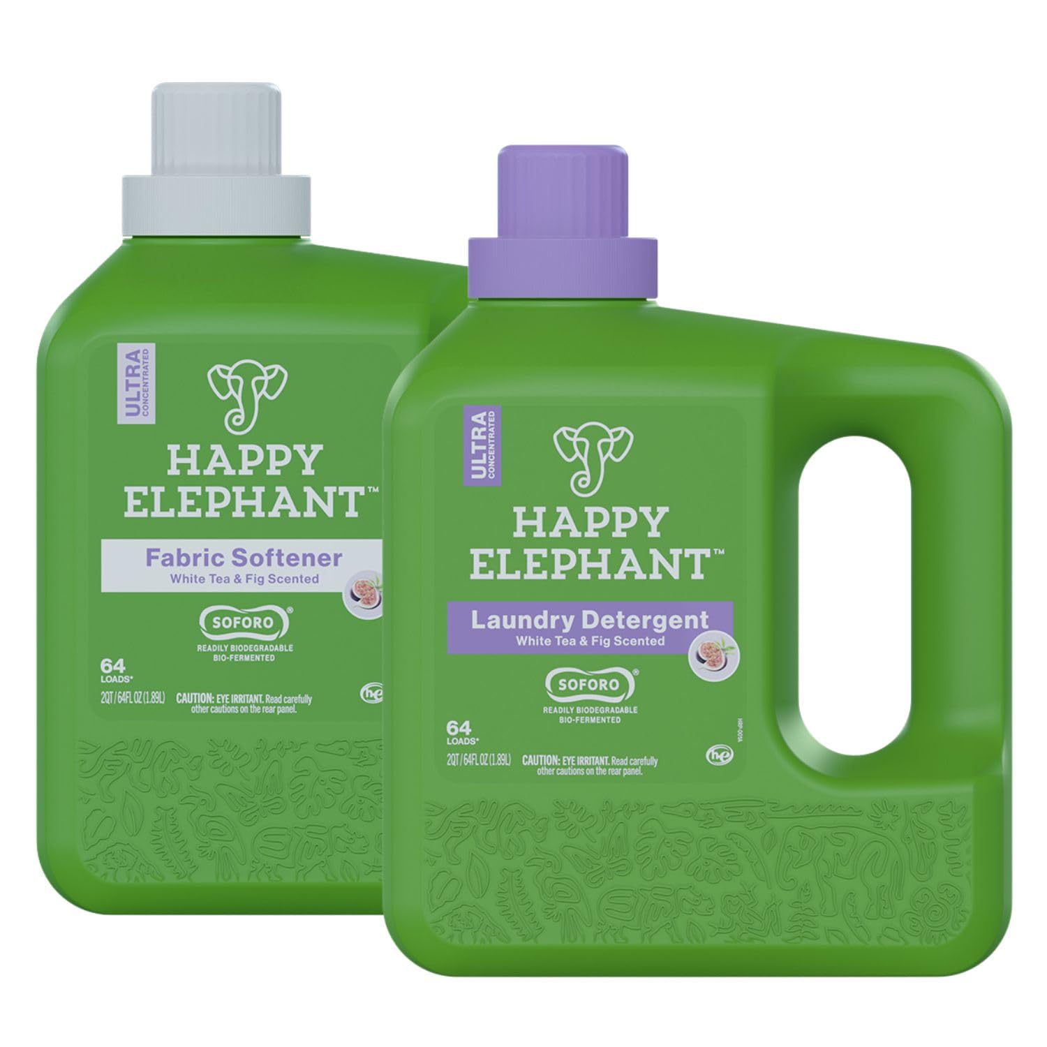 Happy Elephant Liquid Laundry Bundle, White Tea & Fig Scent, Natural Laundry Detergent & Fabric Softener, Plant Based, Stain Remover & Fabric