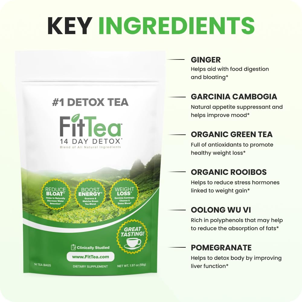 FitTea The Original 14 Day Detox Tea with Organic Green Tea ECGC, Garcinia Cambogia and Ginger - Colon Detox Cleanse to Help Bloating and Support
