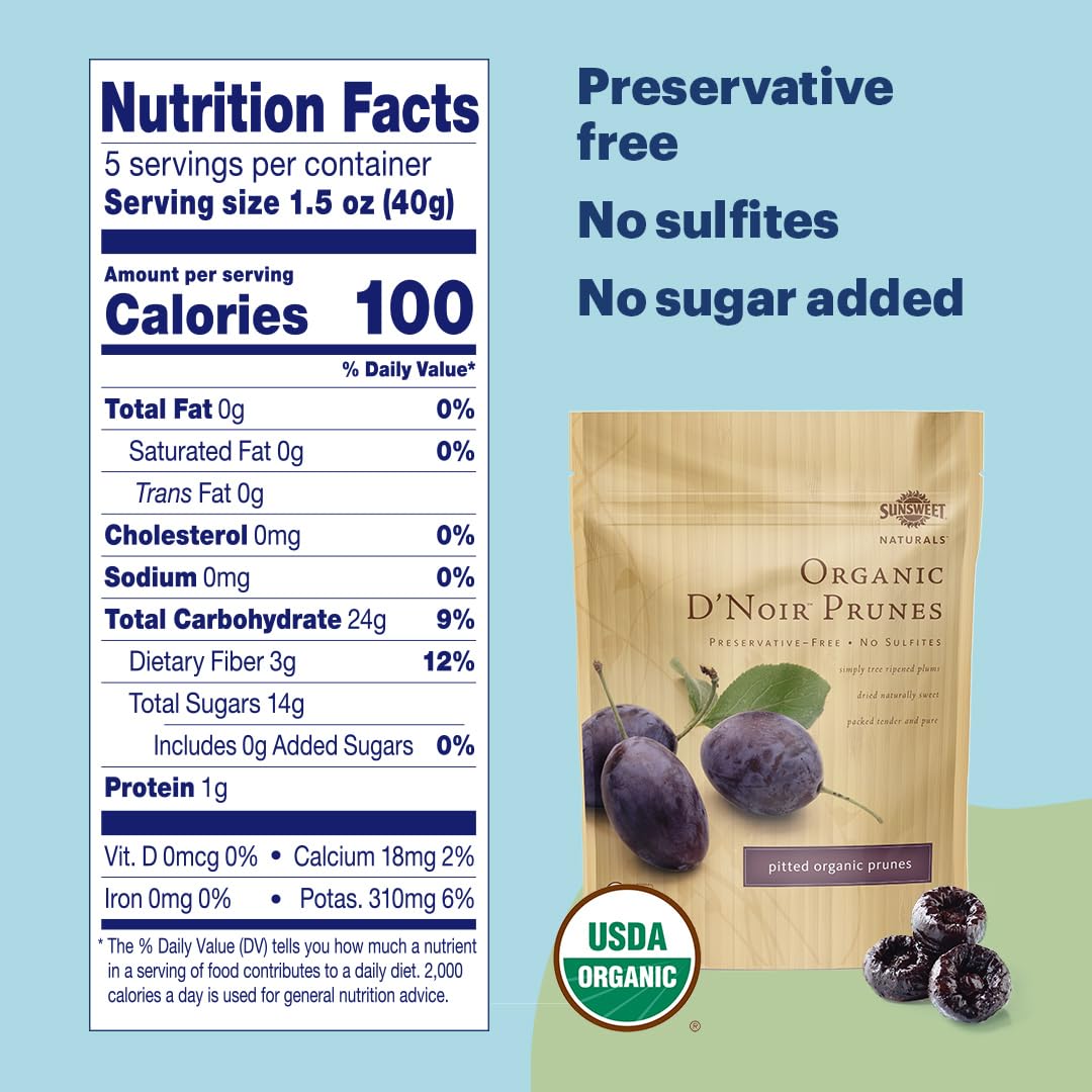 Sunsweet D'Noir Organic Prunes - Prunes Pitted Unsweetened & Dried - Gluten Free, Preservative Free, Vegan - Fiber & Minerals - 7 oz Pouch x 6 Pack